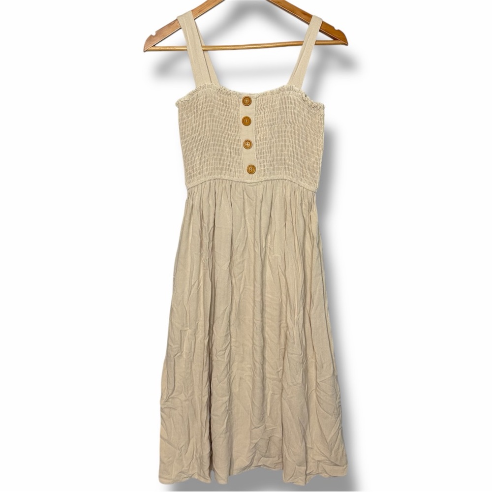 Ava James Beige Smocked Button-Front Linen Blend Midi Sundress Small Cream Tan - Picture 2 of 7